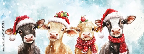 Watercolor depiction of charming cow characters celebrating Christmas