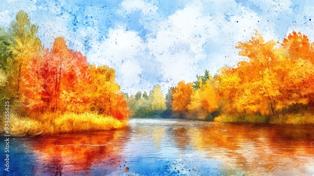 Vibrant autumn scenery featuring a river created in watercolor Digital artwork Vibrant autumn scenery featuring a river created in watercolor Digital artwork
