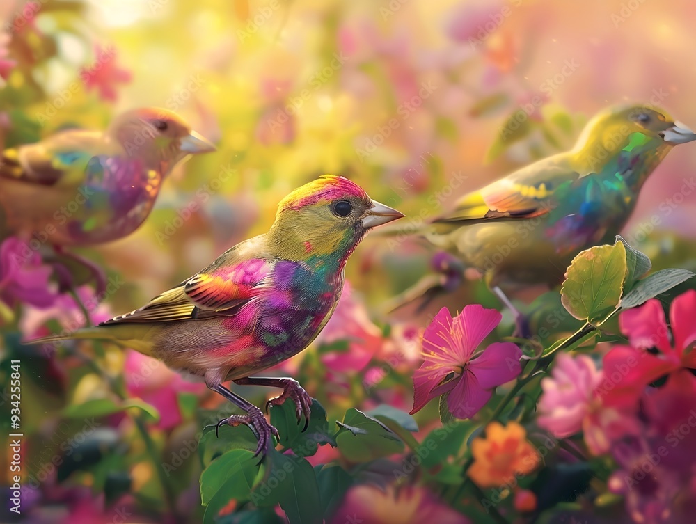Vibrant Finches Flocking in a Lush Blooming Garden with Iridescent Feathers Vibrant Finches Flocking in a Lush Blooming Garden with Iridescent Feathers