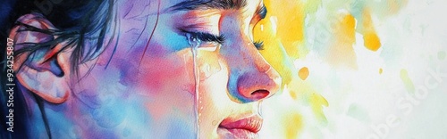 Watercolor artwork depicting a woman with a smile in tears