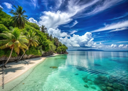 Serenene tropical paradise beach on Siquijor Island, Philippines, featuring clear blue waters, emerald sea, and blue sky, evoking a sense of tranquility and relaxation.