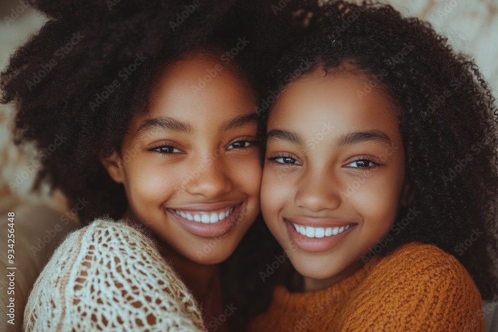 Younger and older sister spending time together at home. Two black girls of different age hugging and showing affection. Black female siblings having fun and bonding. Background, copy space, Generativ Younger and older sister spending time together at home. Two black girls of different age hugging and showing affection. Black female siblings having fun and bonding. Background, copy space, Generativ