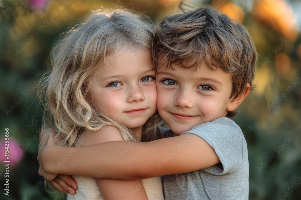 Happy siblings hugging lovingly in summer park. Young children brother and sister embracing each other outdoors. Family love and relationship concept, Generative AI Happy siblings hugging lovingly in summer park. Young children brother and sister embracing each other outdoors. Family love and relationship concept, Generative AI