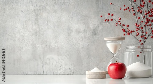 Red apple, hourglass, and sugar displayed against a textured gray background ...