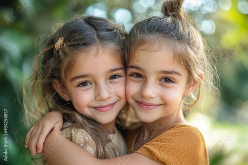 Hug, nature and portrait of girl siblings bonding, hugging and playing together in a park. Happy, smile and sisters embracing with care, love and friendship in a green garden on holiday, Generative AI