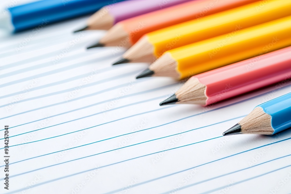 Colorful pencils are lined up on a piece of lined paper Colorful pencils are lined up on a piece of lined paper