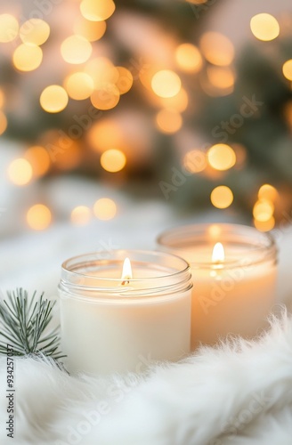 Cozy winter setting with lit candles and pine cones surrounded by soft white ...