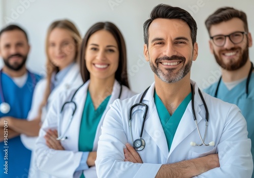 Healthcare professionals smiling together in a clinic during daytime
