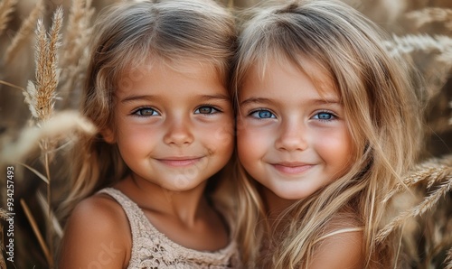 Smiling girls, cheerful childhood, cute portrait, friendship, joyful siblings playing generated by AI, Generative AI