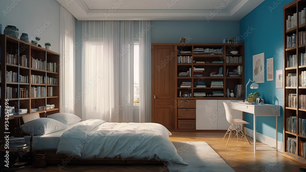 small bedroom with a white bed, under which there are storage drawers and a bookcase small bedroom with a white bed, under which there are storage drawers and a bookcase