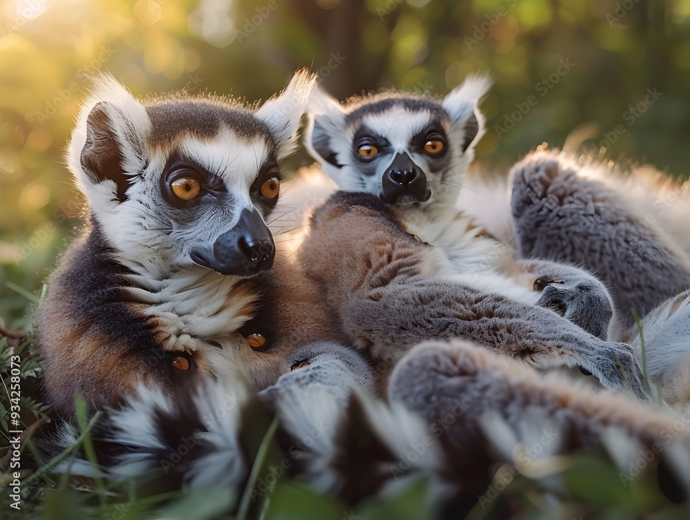 Obraz premium Vibrant Group of Fluffy Ring Tailed Lemurs Sunbathing in Lush Jungle Setting