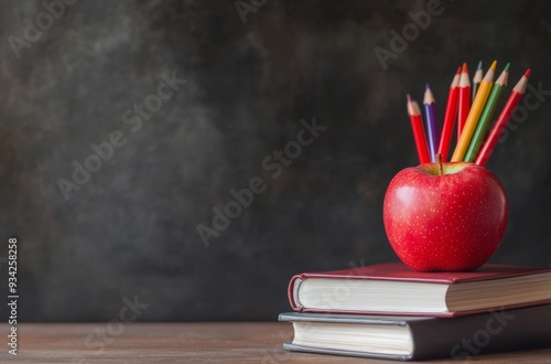 Red apple atop books with colored pencils against a dark background in a stud...