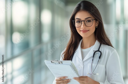 A smiling healthcare professional in a clinic holding a clipboard during dayl...