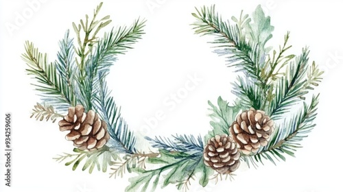 Watercolor classic Christmas wreath featuring fir branches spruce twigs and pine cones Winter greenery frame evergreen illustration suitable for greeting Christmas and invitation cards