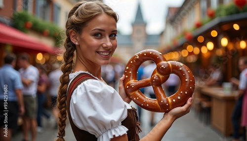 Happy woman in traditional drindl holding german soft pretzel oktoberfest photo