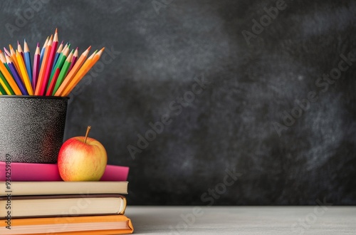Colorful pencils in a black pot beside stacked books and an apple on a desk