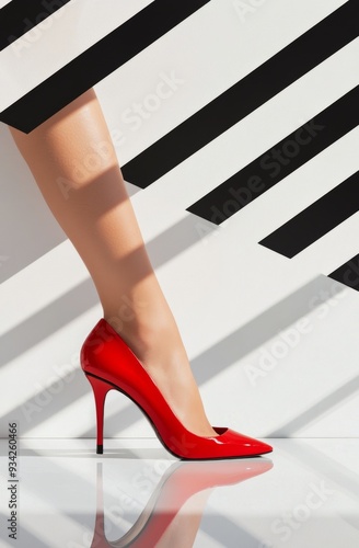 Red high heel shoe next to striped black and white wall in bright indoor setting