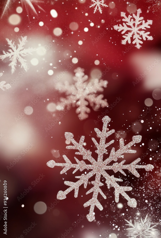Fototapeta premium Glittering snowflakes fall against a red background during the holiday season