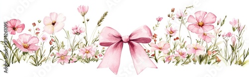 Pink wildflowers with a bow wreath in a watercolor illustration Floral print featuring summer meadow wildflowers isolated for use in card designs invitations and decor