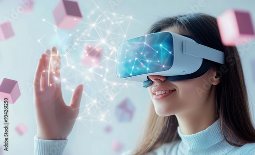 Woman engaging with virtual reality in a bright, modern room during the day