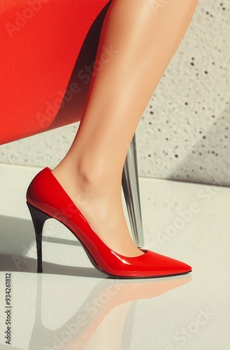 Red high heel shoe next to striped black and white wall in bright indoor setting