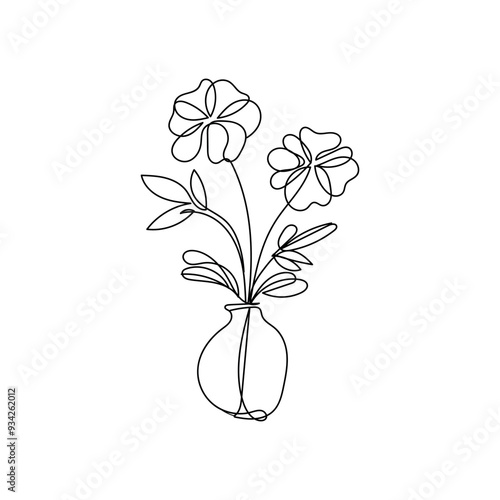  Hand drawn flowers one line art. Continuous line drawing flowers in a vase.  Hand drawing concept sketch line.