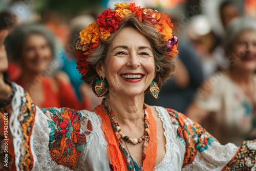 A group of seniors dressed in festive attire, dancing and celebrating at a lively community event, elderly happy people, old age, bokeh Generative AI