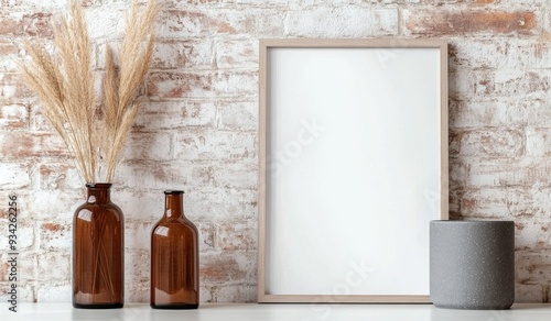 Minimalist decor featuring vases and a blank frame against a brick wall in na...