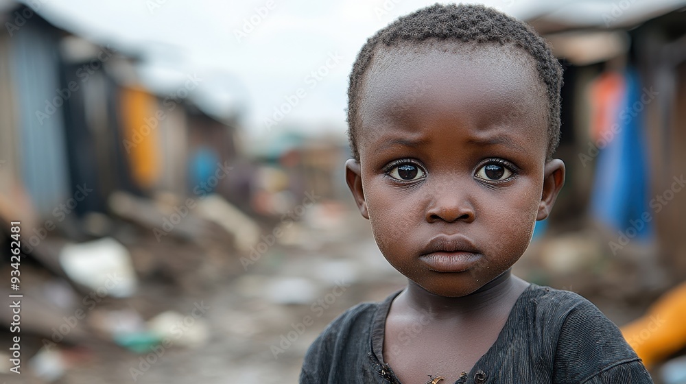 Young African Child Sitting in Front of Slum House with Sad Expression ...