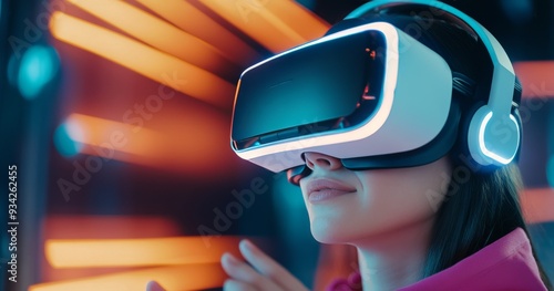 Woman experiences immersive virtual reality in a futuristic setting