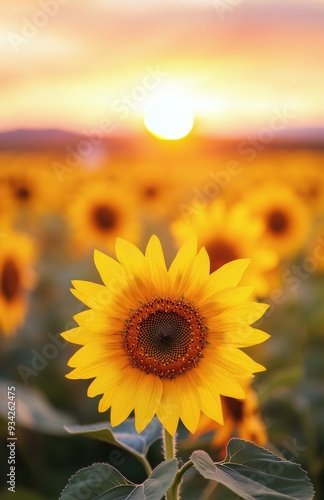 Sunflowers blooming in a vibrant field during sunset
