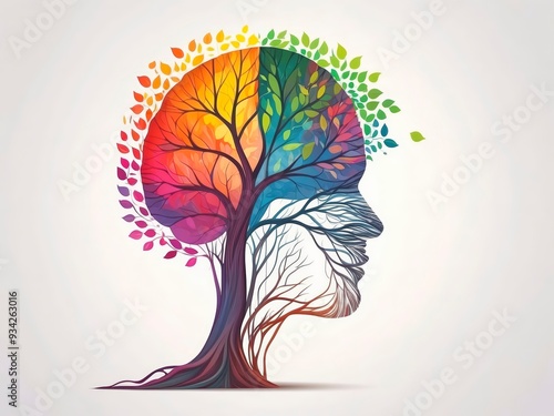 Human brain tree representing emotional growth with its bright colorful leaves. Concept human brain psychology.