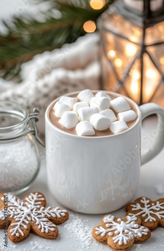Cozy hot chocolate with marshmallows and decorated cookies by a lantern