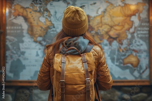 Adventurous Woman Studies World Map in Cozy Café During Late Afternoon