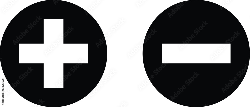 Obraz premium Plus and minus icons in flat design isolated on white background . Positive and negative icons . Vector illustration