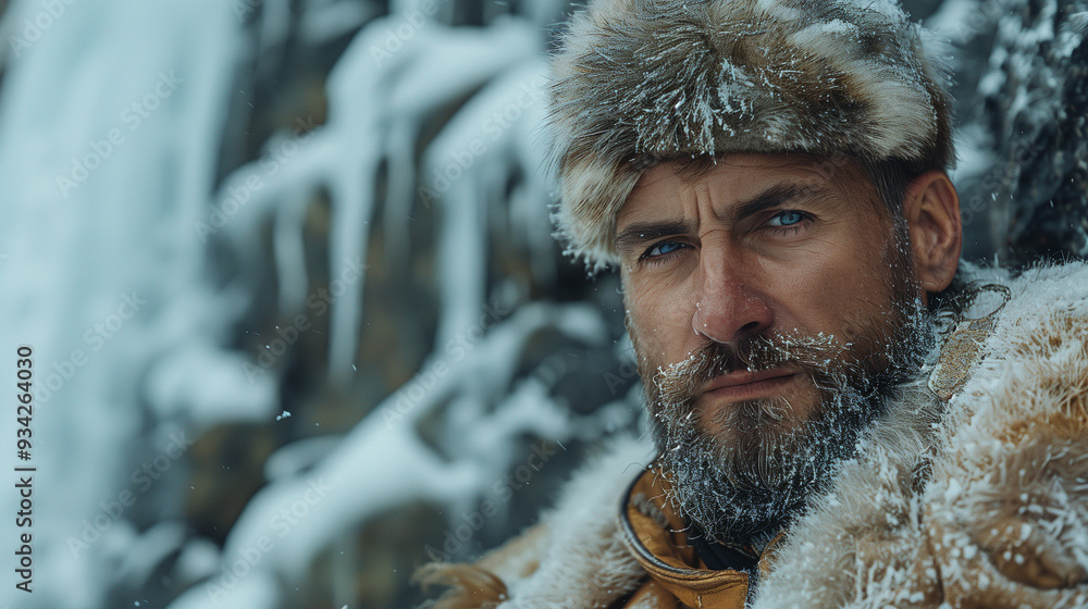 Portrait of Serbian Hunter in Traditional Fur Attire in Snowy Landscape, Highlighting Cultural Heritage and Winter Wilderness Survival Portrait of Serbian Hunter in Traditional Fur Attire in Snowy Landscape, Highlighting Cultural Heritage and Winter Wilderness Survival