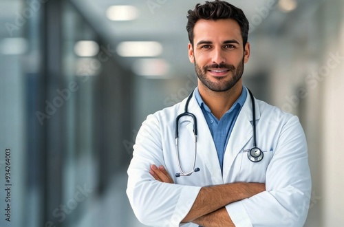 Young male doctor in a hospital corridor during daytime