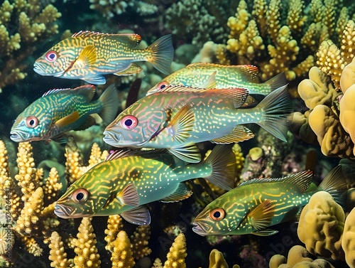 Vibrant Dottyback Fish Camouflaged Amongst Lush Coral Reefs with Shimmering Iridescent Scales photo