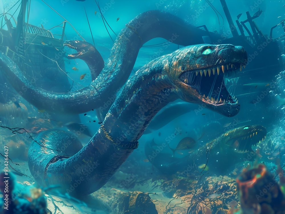 Razor Sharp Eels Ambushing Sinuous Serpentine Predatory Aquatic Creatures with Bioluminescent Glow in Cinematic Underwater Backdrop Razor Sharp Eels Ambushing Sinuous Serpentine Predatory Aquatic Creatures with Bioluminescent Glow in Cinematic Underwater Backdrop
