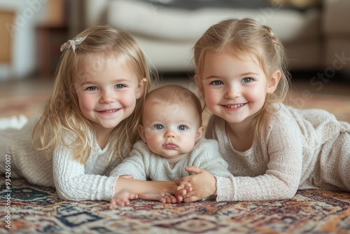 Caucasian girls siblings sitting on floor at home and playing with a sister toddler. Happy friends relationship concept. Adorable children playing together. Authentic candid lifestyle, Generative AI