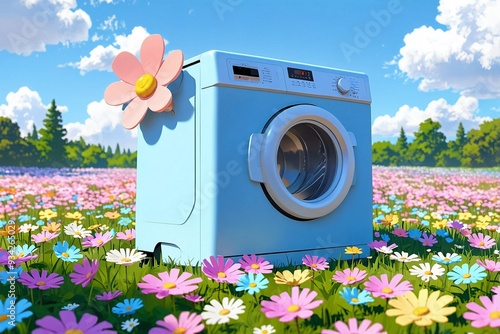 Cartoon Washing Machine in a Flower Field: Cleaning and Laundry Advertisement photo