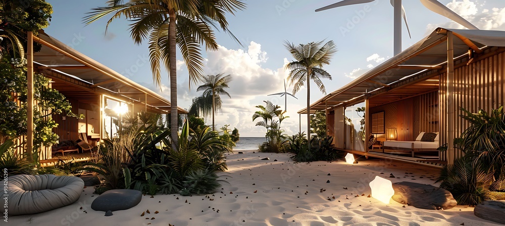 An eco-friendly resort with solar panels, wind turbines, and a focus on ...