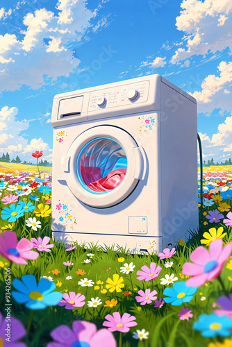 Cartoon Washing Machine in a Flower Field: Cleaning and Laundry Advertisement