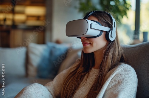 Young woman enjoying virtual reality experience at home in cozy living room