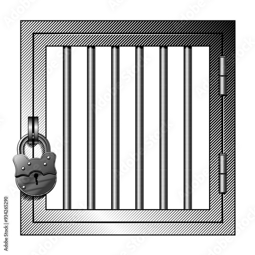 A square window or a small door with a metal prison grate closed with a classic padlock isolated on white. Vector conceptual illustration in vintage black 
and white engraving style