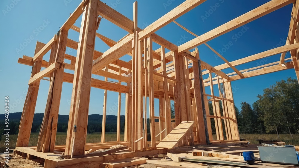 Idea of a wooden house structure under construction with a vivid blue sky background. rendering in three dimensions. Idea of a wooden house structure under construction with a vivid blue sky background. rendering in three dimensions.