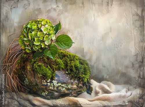 Green Hydrangea Flower On Rock With Moss