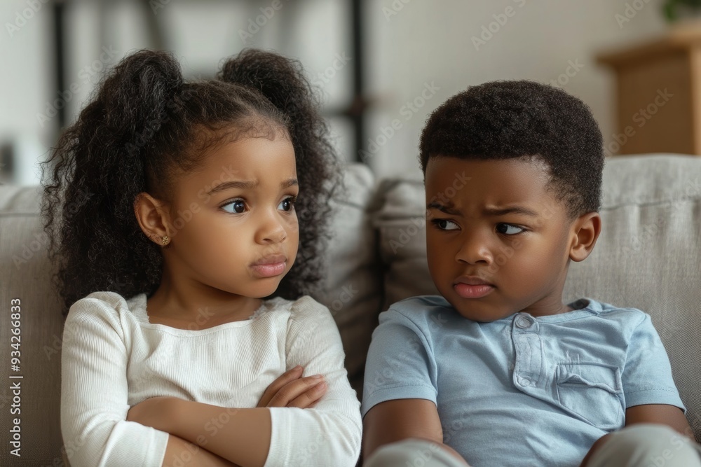 Angry stubborn african preschool girl sister and offended little boy brother ignoring each other sitting on couch feel jealous avoiding talk, 2 children conflict, siblings rivalry bad, Generative AI Angry stubborn african preschool girl sister and offended little boy brother ignoring each other sitting on couch feel jealous avoiding talk, 2 children conflict, siblings rivalry bad, Generative AI
