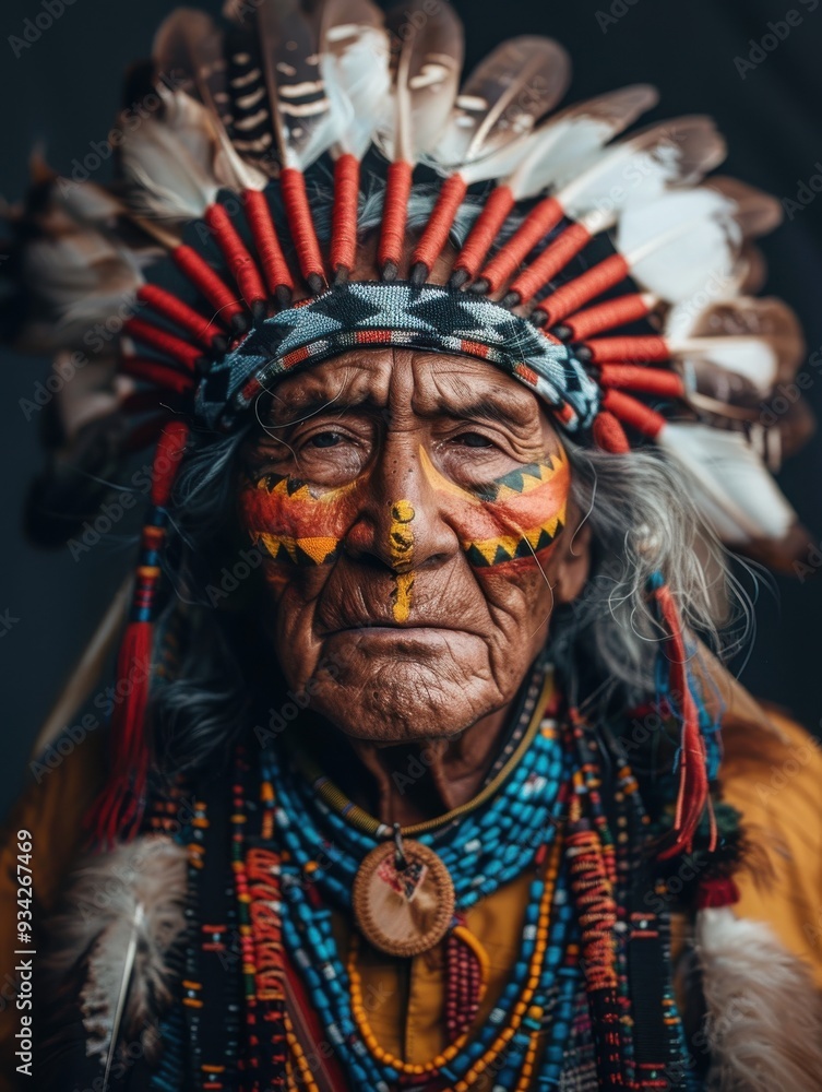 A portrait of an Indian chief in a national costume with national face painting. A portrait of an Indian chief in a national costume with national face painting.