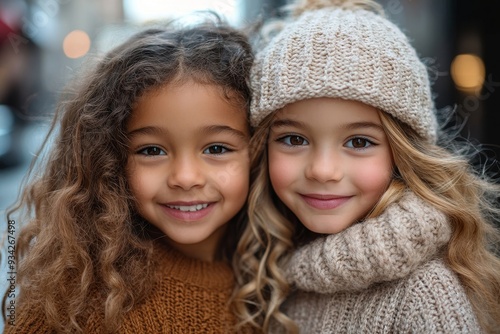 Smiling young female siblings posing together looking at the camera in a city street, Generative AI